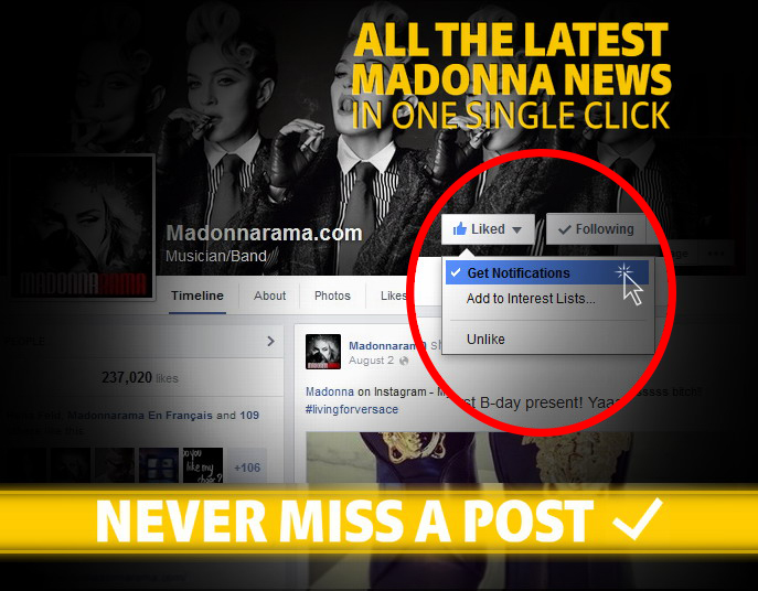 New Madonnarama Website Design - Facebook Notifications