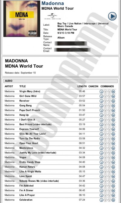 Madonna MDNA Tour CD Advance Copy for streaming